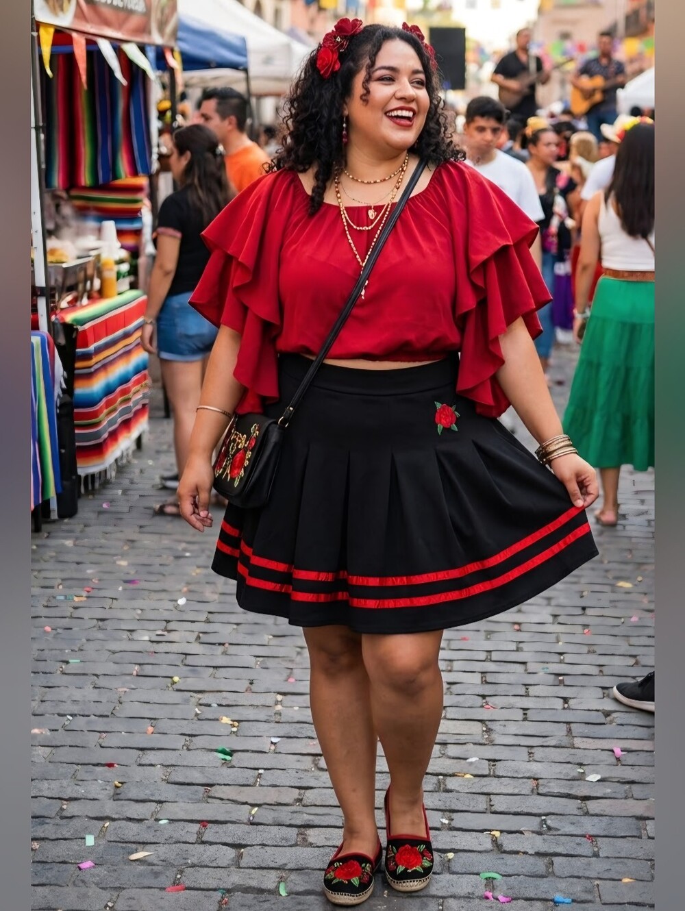 Spencers Black Pleated Skirt with Red Rose Accent Patch